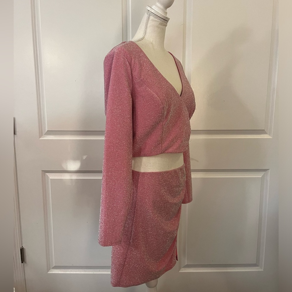 Crystal Doll Sparkly Pink 2-Piece Dress Set Mini Skirt & Long Sleeve Crop Top XL - Picture 5 of 16